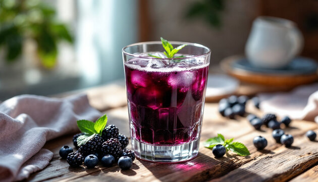 Close-up of black mulberry drink in glass with fresh berries and mint on table.
