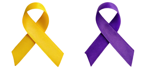 Two awareness ribbons, one yellow and one purple