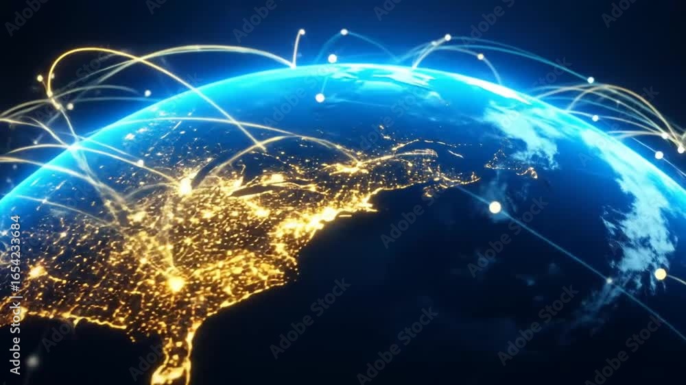 Poster global network connection: earth with digital communication lines
