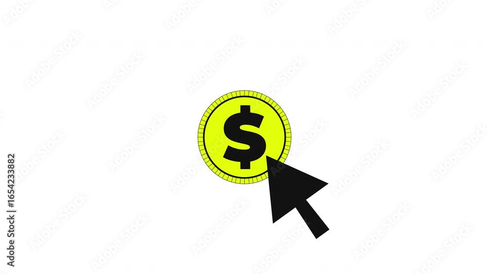 Poster dollar coin clicking with cursor pointer 2d cartoon object animation. online payment, ppc. internet 