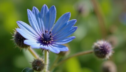 Obraz premium Close-up macro shot of vibrant blue flower, possibly borage, with delicate petals, dark center. Blurred green foliage in background creates soft bokeh, bloom. Unopened buds flank main flower,
