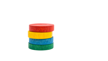 Stack of colorful, circular, wooden discs isolated on solid white background Png