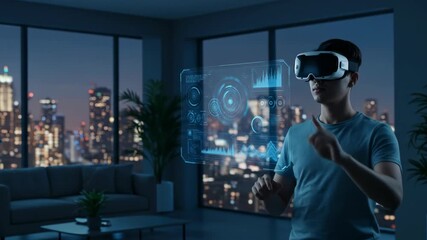 Man in virtual reality headset interacting with holographic data interface in a modern apartment with city view at night footage. - Powered by Adobe