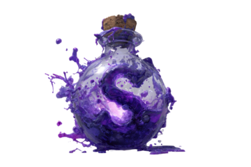 A violet potion in a glass bottle, with swirling, bubbling purple liquid