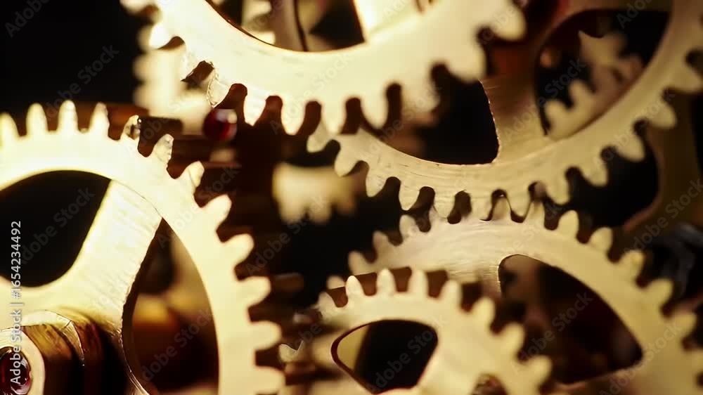 Aufkleber intricate system of interlocking gold clockwork gears on a dark background