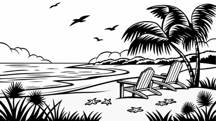 Black and white line art of a tropical beach scene with palm trees chairs and birds in the sky scenery