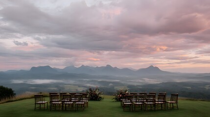 A beautiful view of mountains with a large open field and a long line of chairs set up for a wedding ceremony