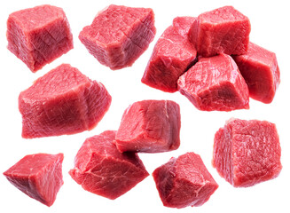 Different diced beef cuts levitating in air on white background. File contains clipping paths.