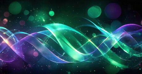 Fototapeta premium Abstract waves, vibrant colors, glowing particles create dynamic visual experience. Teal, purple dominate composition.