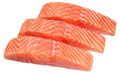Three salmon slices, fresh salmon fillet isolated.