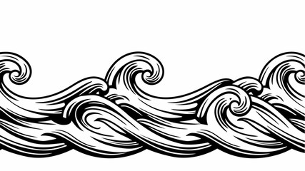 Fototapeta premium Illustration of a seamless pattern of stylized ocean waves in black and white with a dynamic and flowing design