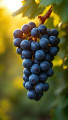 Fototapeta premium Close-up of glossy black grapes in vineyard, warm backlit and fresh. 