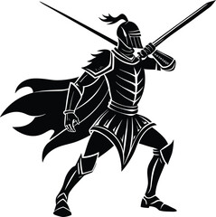 Black and White Illustration of a Knight with Swords and Cape on white background