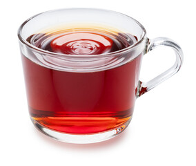 Glass cup of black tea isolated on white. Front view.