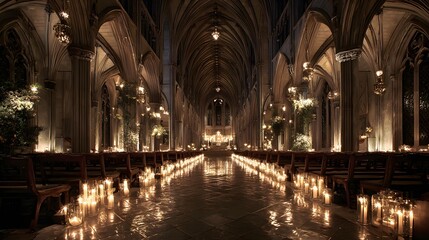 A large church with a long aisle of tables and chairs. The tables are lit with candles and the room is very warm and inviting