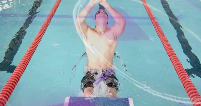 Male swimmer at start executing backstroke dive in sports pool animated gauge tracking speed