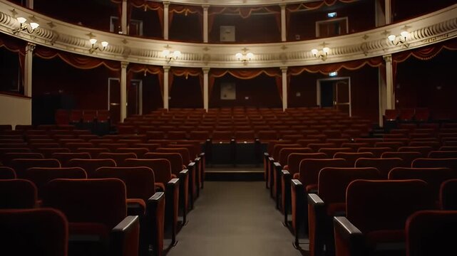 Empty theater seats lined up in rows facing the stage, under soft lighting