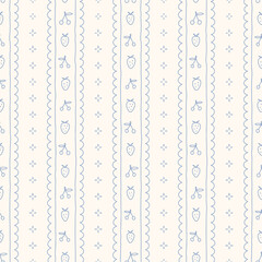 Hand drawn strawberry and cherry regency striped seamless pattern with a charming whimsical cottage core design. Soft blue pastel and nostalgic print. Perfect for textiles and vintage-inspired decor.