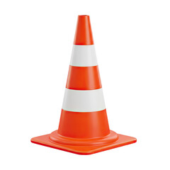 Bright orange traffic cone with white reflective stripes for road safety and construction zones isolated on transparent background