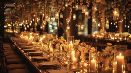 A long table with candles and flowers is lit up. Scene is warm and inviting