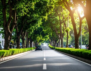 Fototapeta premium Sunny road lined with green trees