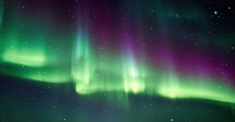 Obraz premium Vibrant aurora borealis display. Green, purple hues dominate night sky. Stars visible, creating beautiful scene.