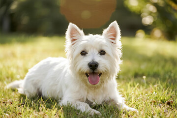 Happy white West Highland Terrier lying on green grass with bright eyes and tongue out, sunny outdoor pet scene with natural light and blurred background.