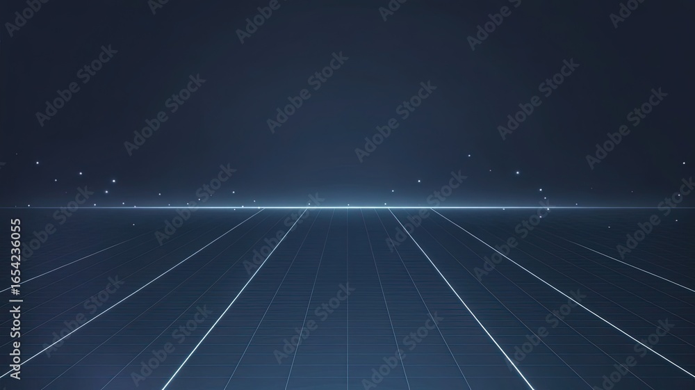 Poster data line horizon: a clean, minimalist depiction of the digital frontier, featuring a grid of data l