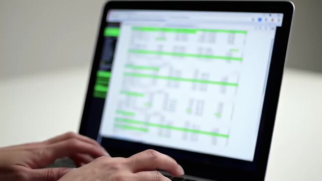 Hands type on laptop; screen shows spreadsheet highlighted in green, close-up view