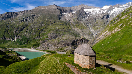 Sacred Heart Chapel near Pasterzenhaus ,Austria aerial drone view