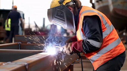 Female welder in safety gear works on metal beams, welding sparks fly, industrial setting - Powered by Adobe