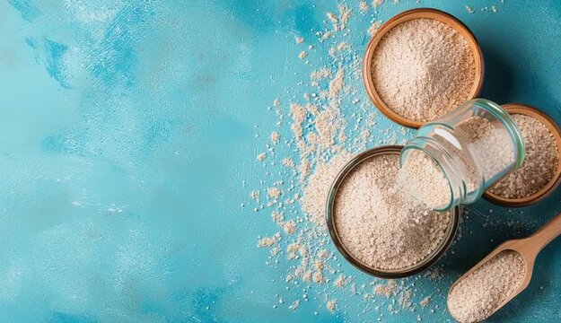 Jar and bowls with psyllium husk powder on blue background