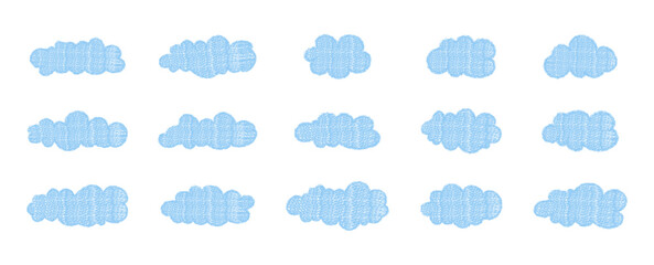Soft puffy pastel blue cloud icons with pencil crayon texture. Sticker pack of dky elements. Hand-Drawn chalk weather silhouette shapes. 