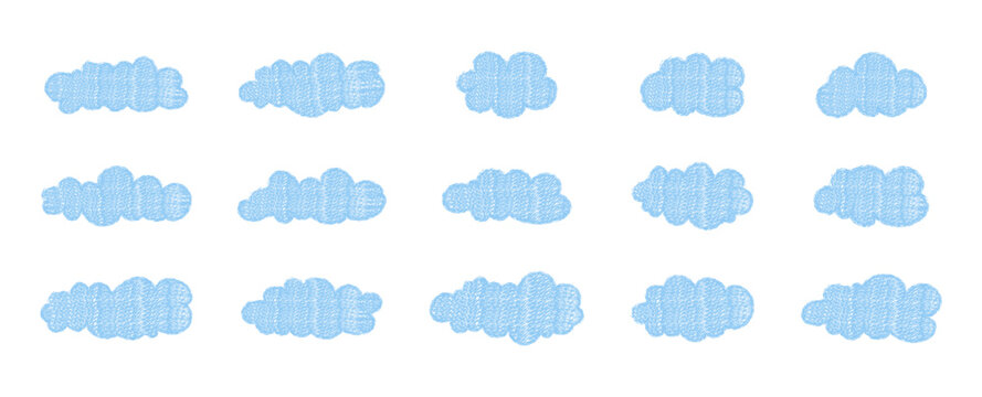Soft puffy pastel blue cloud icons with pencil crayon texture. Sticker pack of dky elements. Hand-Drawn chalk weather silhouette shapes. 