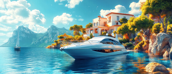 A luxurious yacht moored off the coast of a Mediterranean villa against a backdrop of mountains and azure sea, a sunny day — advertising for elite vacations, tourist brochures,  