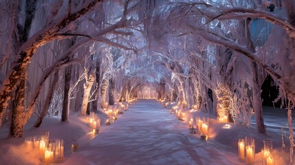 A long walkway with lit candles and trees in the background. The candles are lit and the trees are covered in snow. Scene is warm and cozy