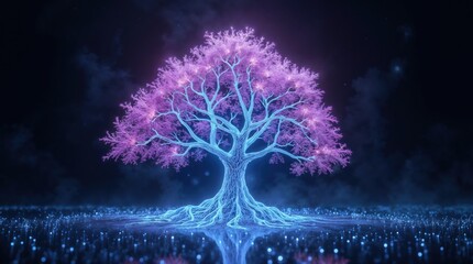 An ethereal glowing tree with a pink canopy and blue luminous trunk
