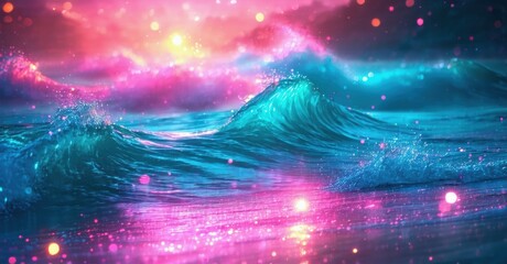 Vibrant ocean waves reflect pink, blue sky. Sparkling light creates dreamy, ethereal scene. Beautiful colors dominate composition.