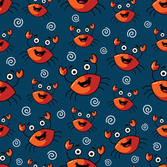 Seamless Vector Cartoon Hand Drawn Happy Crabs Pattern Design In Blue Background