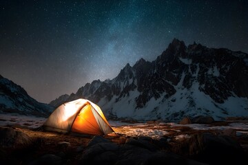 A tent lit by moonlight in the mountains at night.