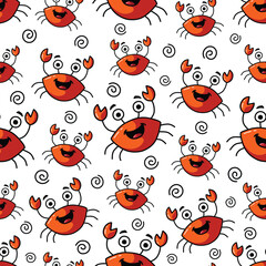 Seamless Vector Cartoon Hand Drawn Happy Crabs Pattern Design In White Background