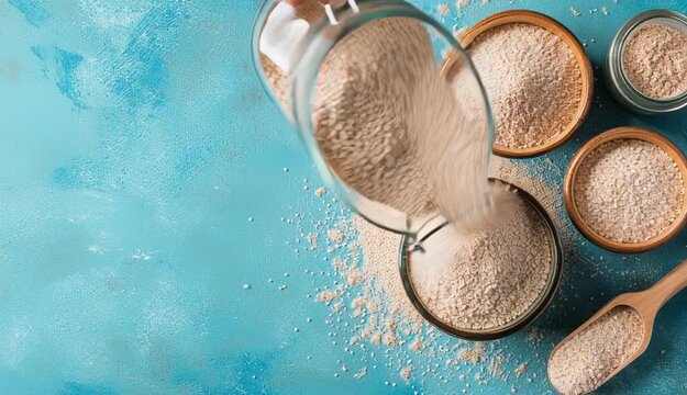 Jar and bowls with psyllium husk powder on blue background