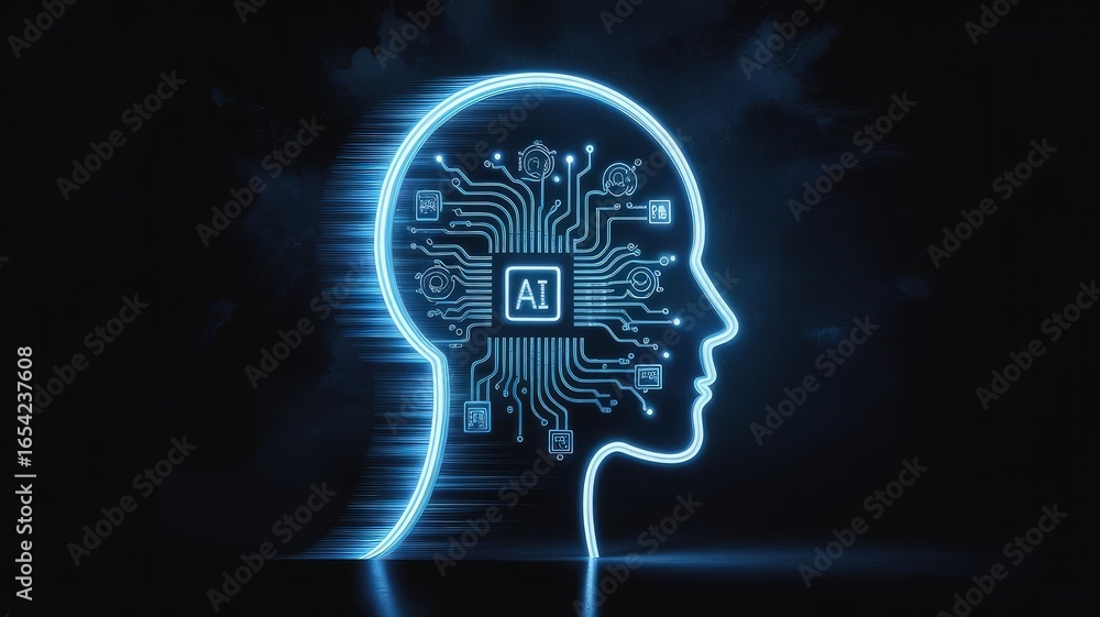 Poster ai head: a futuristic visualization of artificial intelligence embodied in a human form, with an ill