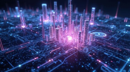 Abstract 3D render of a futuristic city rising from a glowing circuit board