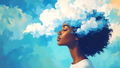 Profile Portrait Of A Black Woman With Hair Resembling Blue And White Clouds Against A Light Blue Sky Background
