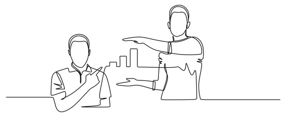 continuous line art of a man pointing at a rising graph. concept of success in business