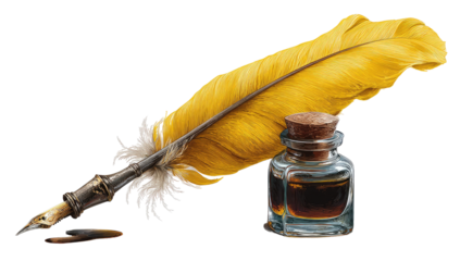 A vibrant yellow quill pen, dipped in dark ink, next to a small glass bottle of ink