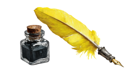 A vibrant yellow quill pen rests beside a small glass inkwell filled with dark ink.  Detailed feather and aged metal nib