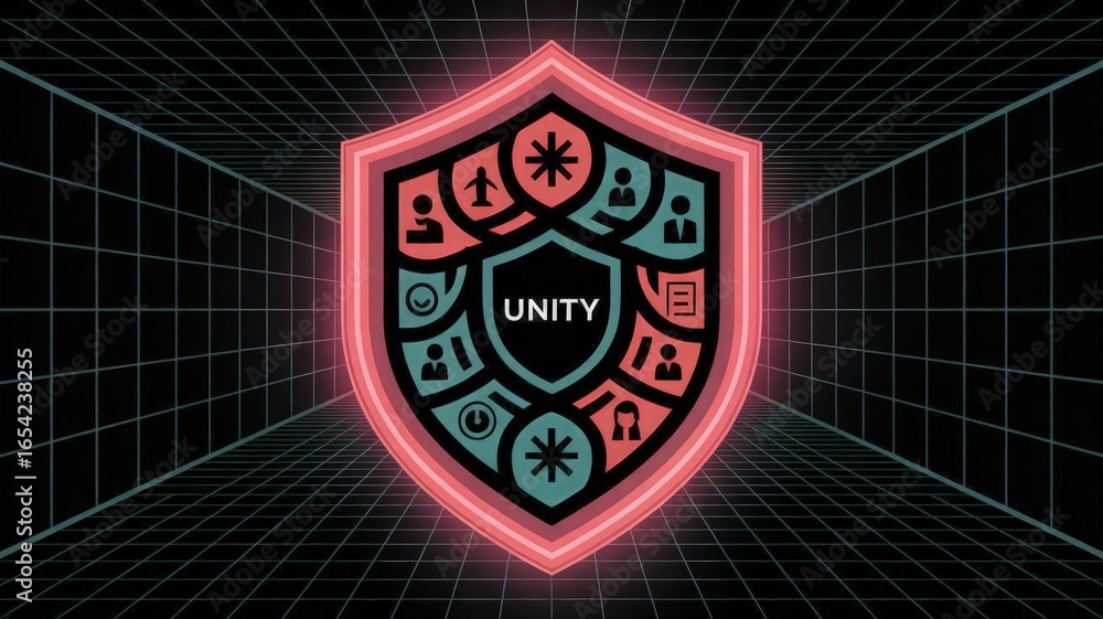 Poster unity shield: a digital design showcases a symbolic shield with interwoven icons, signifying teamwor