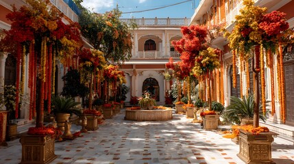 The courtyard is filled with vibrant orange and yellow flowers and trees, creating a warm and inviting atmosphere. The flowers are arranged in various potted plants and hanging baskets